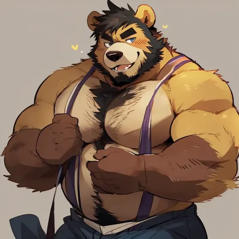 bear, furry, yellow fur, handsome, very muscular, very big, extremely hot and sexy, beard, hair, chest hair, charming eyes, solo, male, happy expression, daddy, full body, big body, clothes, middle aged, by hyaku, by darkgem, by glitter trap boy