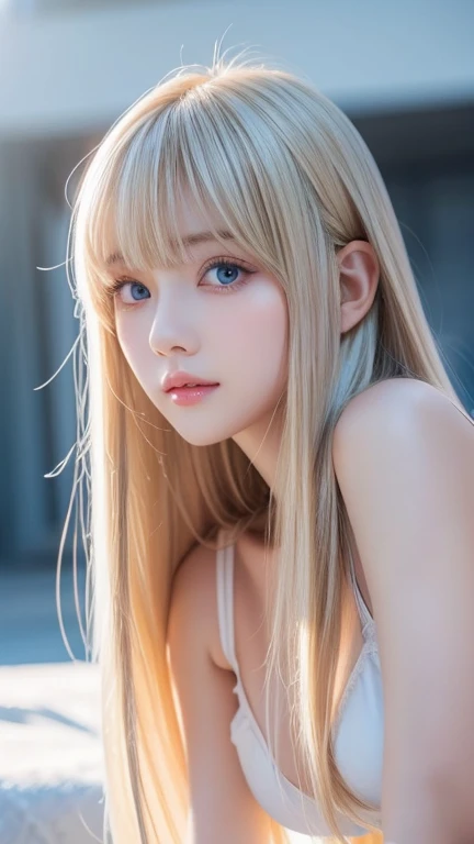 Beautiful, white and radiant skin、Blonde hair that changes color depending on the light、Long bangs between the eyes obstruct vision、Shiny highlights on the cheeks、 sexy and very beautiful lovely cute gorgeous face 、 the most beautiful face in the world、sup...