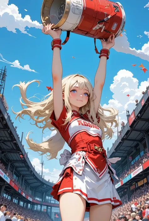 natural photorealistic,1girl\(smily,Looking up,full body,cheerleaders outfit\(Baseball glove on left hand, hands up,arms raised in air),stunding\), fly very large mug in the sky,stadium ground wide shot,Aerial Shot near by mug,masterpiece, best quality  