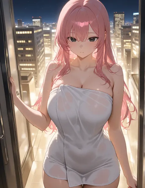 masterpiece,best quality , newest , safe, beautiful woman, pink hair, black eyes, naked wearing a towel, night sky, futuristic city background 