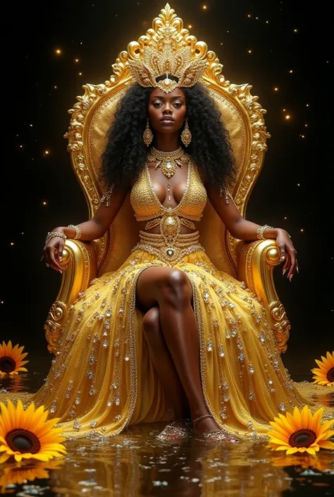 
"A stunning modern interpretation of a divine woman seated on a golden throne in the middle of a mystical river. It is a beautiful woman with dark skin, with long black curls that fall to her knees. She wears a majestic domino-style dress, voluminous and ...