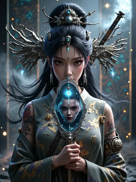 masterpiece, ultimate detailed, tiny finnest details, Fierce japanese female warrior is holding a reflective shiny (katana:1.3) in front of  her face, (an ancient mythical Japanese demon is reflected in the katana blade:1.6),anime style, 4k, cinematic, tre...