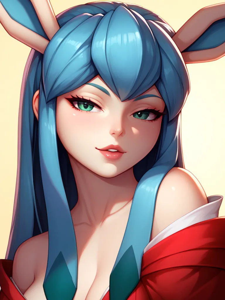 A full-body anime-style illustration of a hybrid character combining the elegance of a Glaceon and a Kitsune girl. She has a humanoid body with fair, smooth skin and a subtle bluish tone. Her long, flowing blue hair cascades down her back with silky shine ...