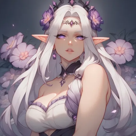 palid skinned adult woman slanted bright purple eyes, elf ears, bright white shoulder-lenght straight white hair and two tied back long hair violet locks, She uses a black crown with purple little gens decals, purple and white barrette, a big white dress w...