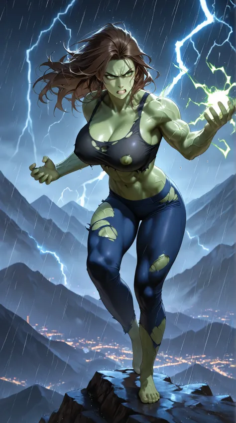 _9_arriba,  score _8_arriba,  score _7_arriba, beautiful, masterpiece,  better quality,  extremely beautiful face,  brown hair, 1 girl,  athletic physique,  beautiful woman,  INTENSE GREEN eyes ,  at night,  city lights ,  heavy rain , lightning, angry loo...