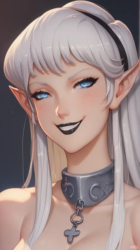 Mulher high,White hair × black hair , high ,  pointy ears , high elfa , slave ,  blue eyes , Princess , captured , Domesticated , labios  smiling , Black Lipstick , sentada no colo de um homem que e seu mestre usando roupa de slave ,  smiling 