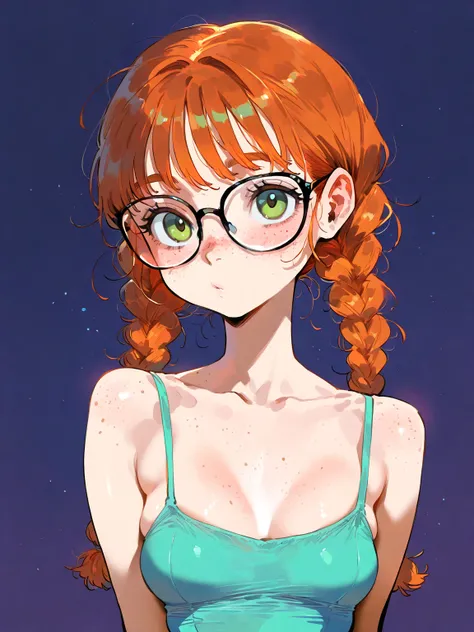 1girl, solo, orange hair, Double Dutch Braids with Wispy Bangs hairstyle, glasses, freckles, small breasts