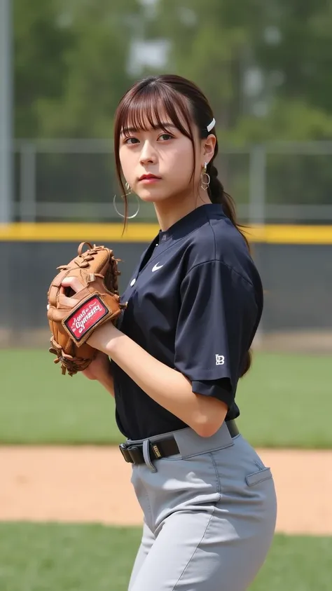 "A female baseball pitcher in the middle of a pitching practice, wearing a pitcher's glove. She is in a dynamic windup, with her body coiled and her focus intense. The scene captures the exact moment when the ball is released from her hand, flying toward t...