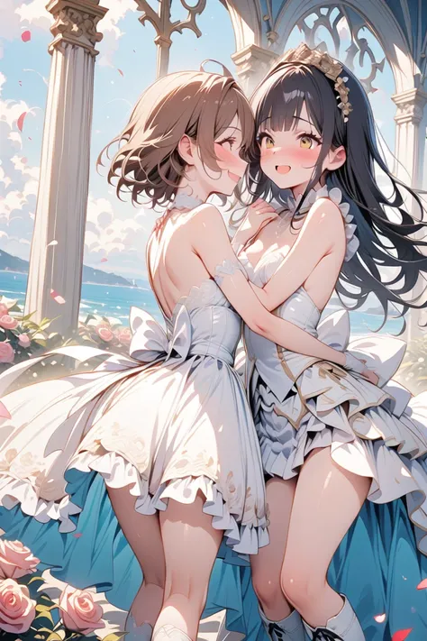 nsfw, two girls, yuri, masterpiece, top quality, high definition, detailed animation, exquisite work,  shower of many rose petals, two happy girls, celebrating outside a seaside church, warm smiles, joyful expressions, dressed elegantly, ocean view in the ...