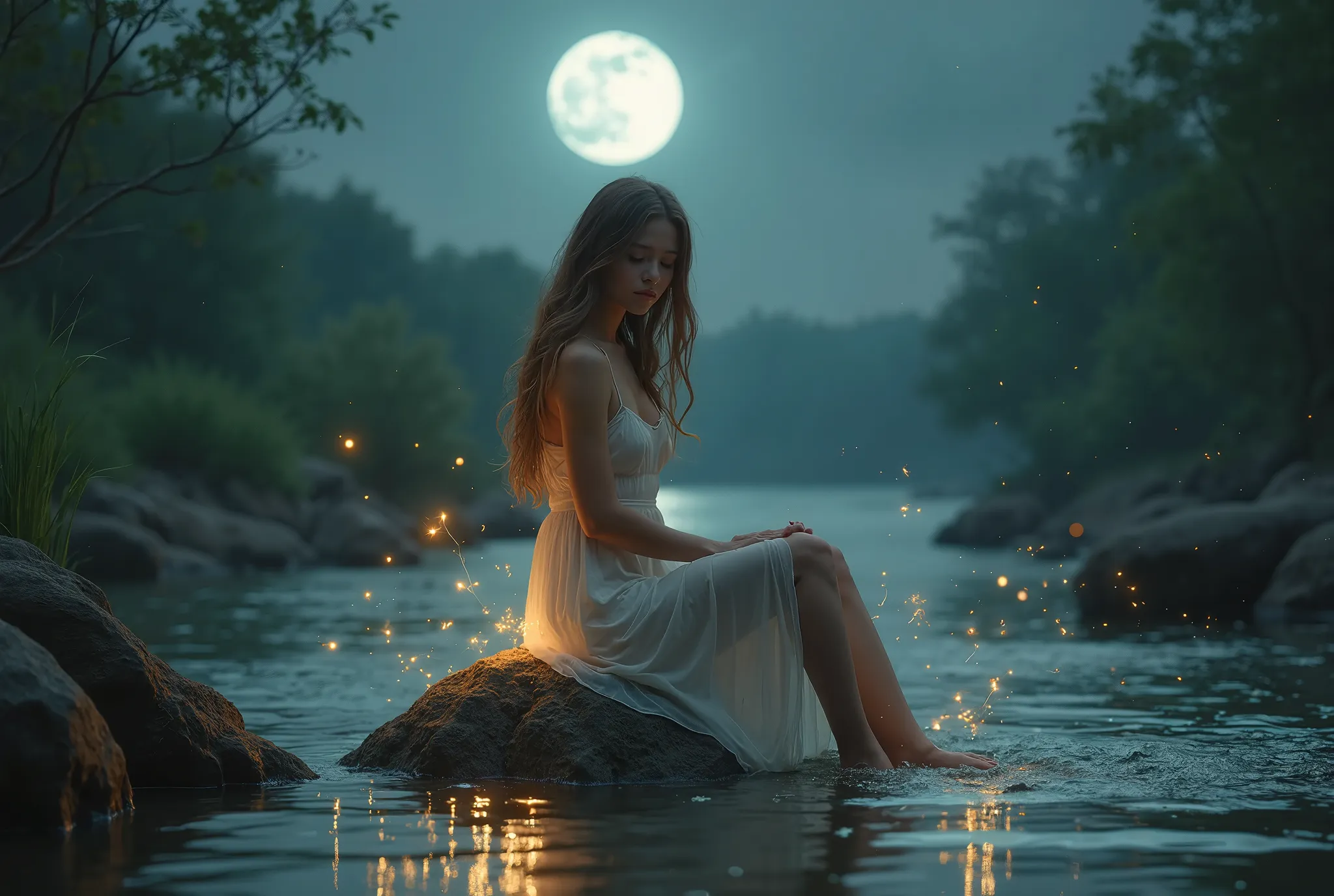  Wallpaper of a woman looking like Daveigh Chase with brown hair and white dress sitting on a rock in the river at night, Golden fireflies , Silver Moon ,  Silver Lights