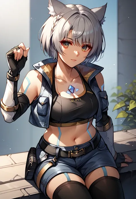 MioXC3, grey hair, short hair, cat ears,, chest jewel, denim jacket, cropped jacket, sleeveless jacket, black sports bra, shoulder strap, black gloves, elbow gloves, fingerless gloves, blue shorts, short shorts, black thighhighs, bare shoulders