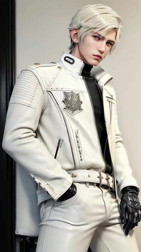 ((Final fantasy taste and reality graphics)), ((Japanese young cute and cool ikemen  boy)), his age is early 20s, thin eyebrows and beady eyes,, (((((boy wearing cream-white color thick leather and single-brest double zipper jacket))))), ,(((((jacket is vo...