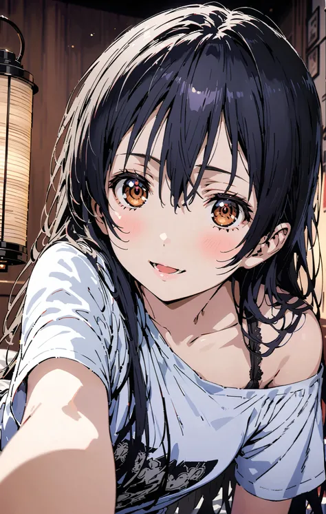   Sonoda Umi  ,  long hair, bangs,  hair between eyes,  brown eyes, smile,sleepy, open the mouth, Lantern,hair straightener,Un blouse,  loose t-shirt , one shoulder, Long Sleeve,Black string underwear ,Bare legs, bed with my thighs, beautiful scenery, resi...