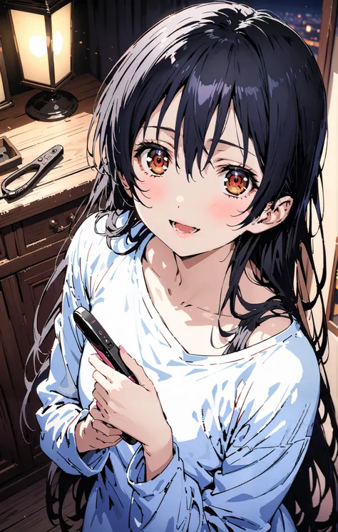   Sonoda Umi  ,  long hair, bangs,  hair between eyes,  brown eyes, smile,sleepy, open the mouth, Lantern,hair straightener,Un blouse,  loose t-shirt , one shoulder, Long Sleeve,Black string underwear ,Bare legs, bed with my thighs, beautiful scenery, resi...