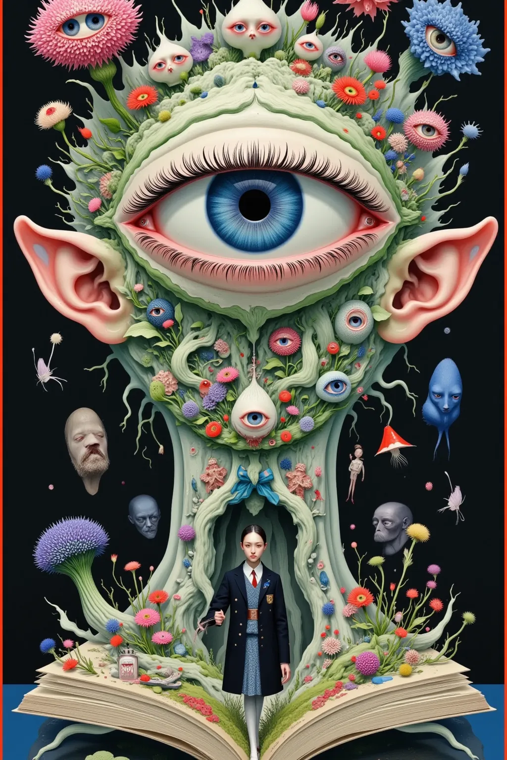 Surreal digital painting，Depicted in a dreamy environmentGiant eyes and ears. Fine eye details, There is a clock in the pupil. The ears are organically connected to the eyes. The background contains countless faces，Frozen in various mundane and daily state...