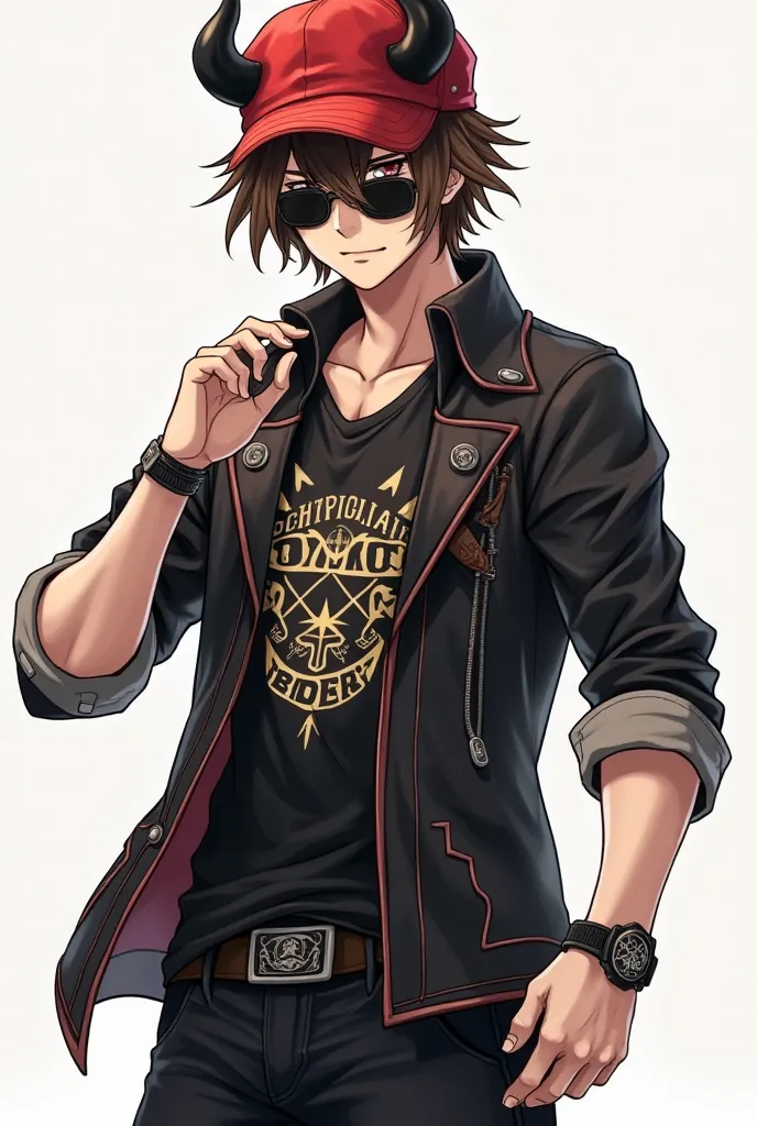 Asme an image that is gender man is from anime and has brown hair, has some horns, a red cap, he also has a biker shirt and he has black pants, he has black lenses and that's it.