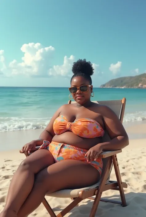 there is a woman sitting on the beach, sunny day, digital art, a portrait of a plump woman, photo of a woman, plus size woman, 30-year-old black woman, wearing sunglasses, photo of young woman, detailed portrait shot, sitting on a beach chair.