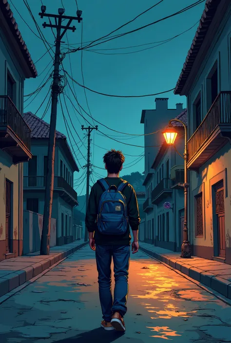 Create the highest quality image in a comic book style drawing,  enough details: A young man,  walking pela rua a noite, empty street, dawn, Only the pole lights on, The young man with the denim backpack, sloppy look, With a cap to the back ,  walking 