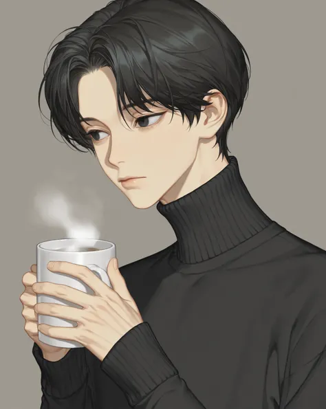 solo, short hair, simple background, black hair, long sleeves,looking to the side,black eyes,bishounen,skinny,lips,portrait, 1boy, parted bangs, closed mouth, upper body, male focus, black eyes, holding cup, steam, turtleneck sweater, mug, black sweater,