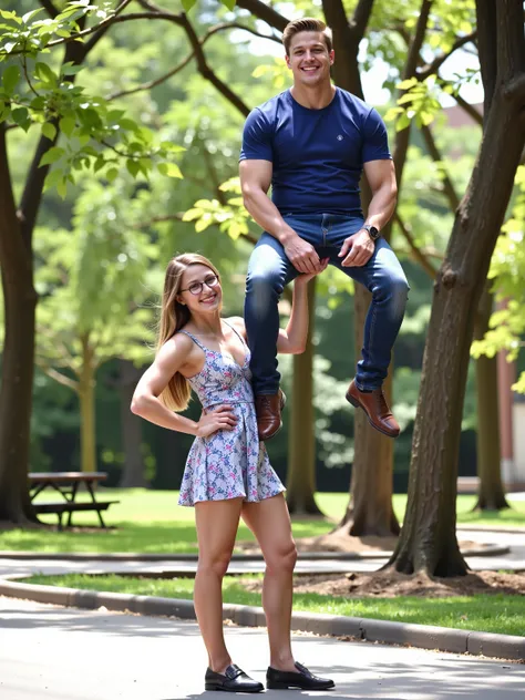 A longshot photograph capturing a petite, athletic, slim, eighteen, girl with her arm straight up while effortlessly holding a larger man aloft sitting on the palm of her hand. [The girl has long blonde hair and is dressed in a sun dress, 5’ tall, cleavage...