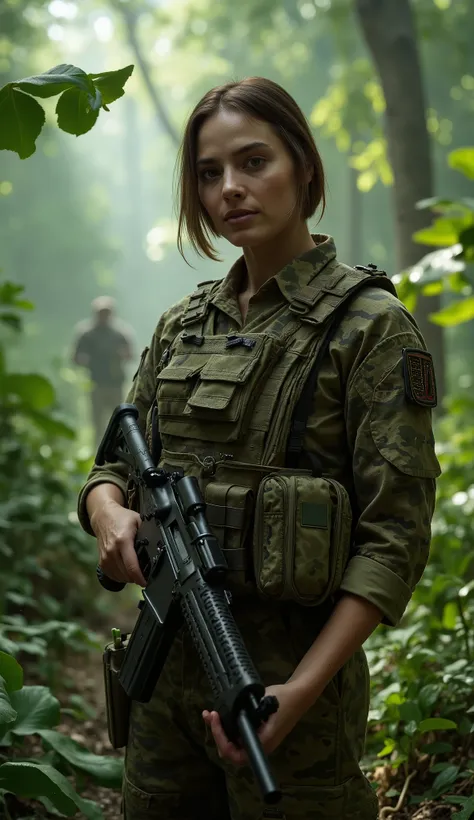 A vigilant and determined female army officer stands alert in the dense jungle, scanning the surroundings with sharp focus. She has an ideal, well-proportioned physique built for endurance and agility. Her long bob hairstyle is neatly tied back, ensuring a...