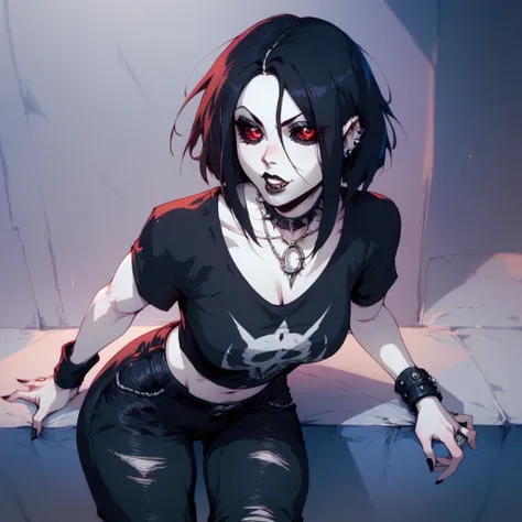 A ash pale skin goth girl long black bob long fringe hair red eyes black esclera black goth shirt,black cargo pants, bulging veins,black wristbands