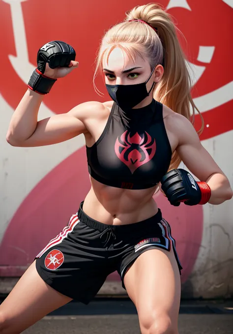  Woman In a sports croptop and shorts ,  Y MMA Gloves  ( mixed martial arts)  style posing for a photo,  Posing For A Fight ,  fight pose,  in an alley with graffiti ,  has a NINJA mask that covers only her mouth and has a printed white lotus flower,  of t...