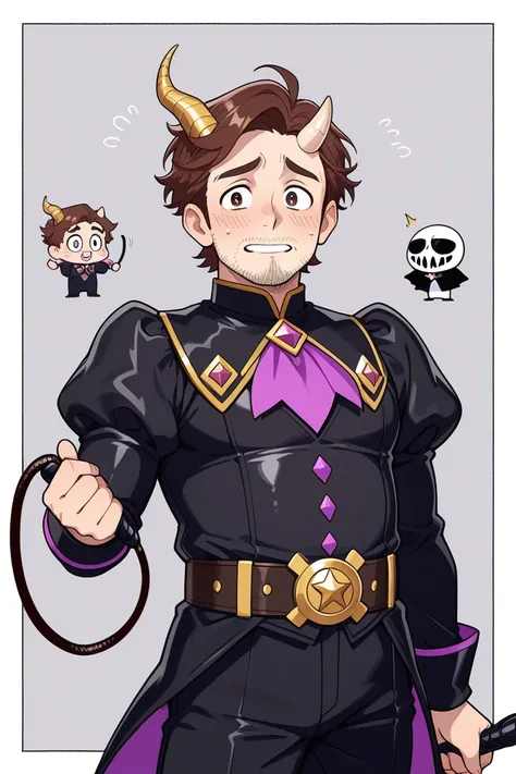 1 Boy. Caucasian male. Nervous look. Brown hair. Side-parted hairstyle. Black Costume. Villain costume. Riding whip  (crop). 1 horn on the side of his head. Small horn. Villain suit. Stubble beard. Slightly chubby man. Light belly. Shy man. Anxious man. Ne...