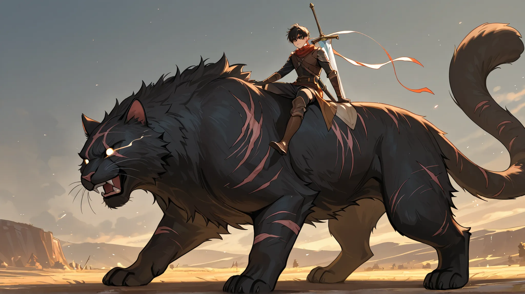  boy, with a big sword on his back, riding on a giant cat with scars on his eyes full body, Coming back from a hunt
