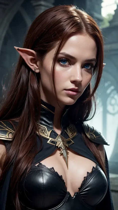  a beautiful elf woman, luminous skin has taken on a ghostly pallor, her eyes gleam with an unsettling intensity, and her long red hair now flows like a river of moonlight. Her skin is smooth as porcelain. She wears a black leather armor. black leather bra...