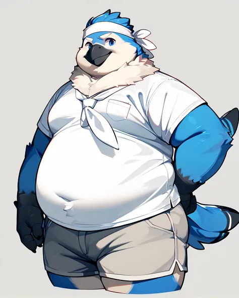 An anthro furry blue jay bird, chubby body, fat cheeks, white fur neck, medium beak(gray), white eyebrows, wearing white headband, fullbody, obese belly, naked, gray background, feet, male, worry expression, tail bird, blank gray background, standing, blue...