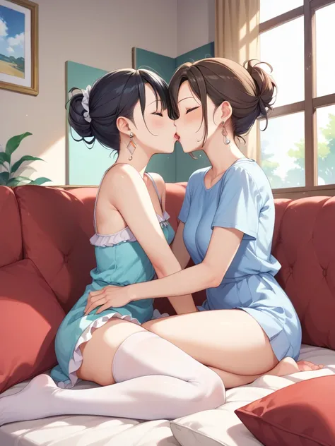  Masterpiece、 top quality、 high res。
 it shows a beautiful housewife and a beautiful girl 。

 The housewife has long black hair up to her shoulders and 、 model with big boobs and beautiful legs。
The girl has a short brown bob and 、 is a petite and cute gir...