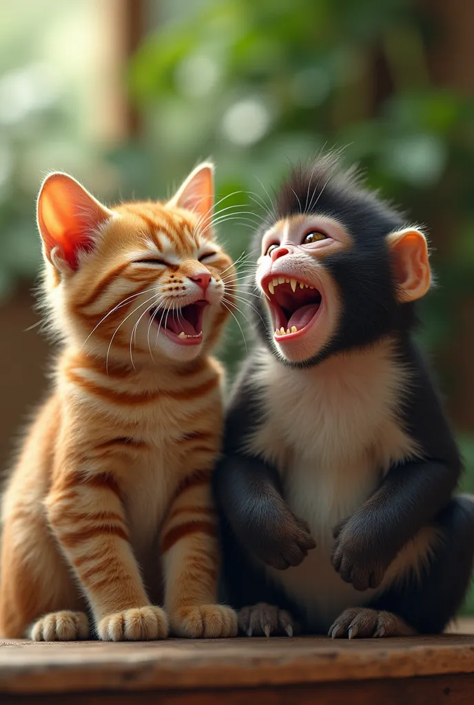 Prompt:
"A hyper-realistic image of a cat and a monkey, both laughing together. The cat has its mouth slightly open, eyes squinting in amusement, and ears perked up, as if reacting to something funny. The monkey is mid-laughter, with its mouth wide open, s...