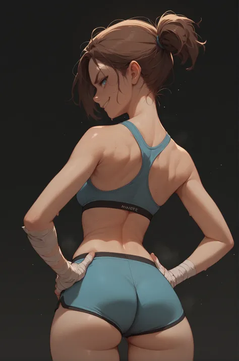 score_9, score_8_up, score_7_up, 1girl, solo, smirking, blue eyes, brown hair, sports bra, sports shorts, medium breast, bandage hands, hands on hips, wide hips, thighs, sweat, standing, (back view), black background