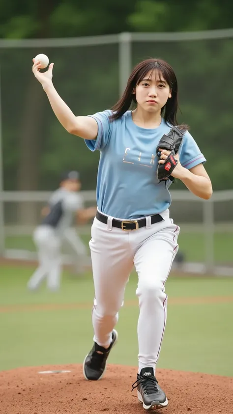 "A female baseball pitcher in the middle of a pitching practice, wearing a pitcher's glove. She is in a dynamic windup, with her body coiled and her focus intense. The scene captures the exact moment when the ball is released from her hand, flying toward t...