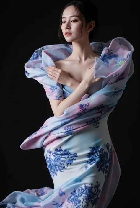 A sensual illustration featuring an elegant figure draped in a silky flower that wraps gracefully around the body, its petals mimicking the delicate patterns of blue and white porcelain. Rendered in the chiaroscuro technique, the artwork masterfully balanc...