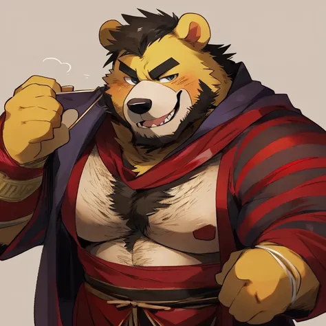 bear, furry, yellow fur, handsome, very muscular, very big, extremely hot and sexy, beard, hair, chest hair, charming eyes, solo, male, happy expression, daddy, full body, big body, red medieval clothes, middle aged, by hyaku, by darkgem, by glitter trap b...