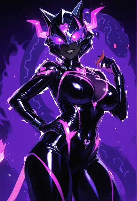 Dark UltraWoman. （high quality）（luster）（(Black Face and red eyeline)）（Black and purple thema color. black helmet. A full-face helmet. Pink lines. Purple glowing mechanical eyes. The whole body is covered with a black bodysuit. Thick legs. Spike decoration....