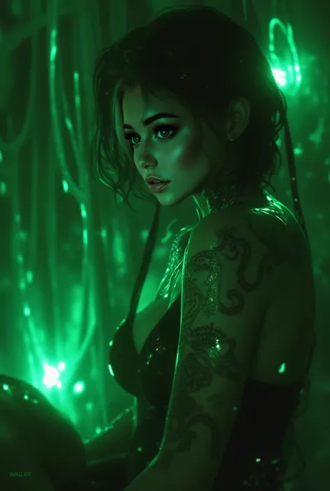 Hr giger woman with green lights and tattoos is sitting in a mirror, seductive cyberpunk dark fantasy, cyberpunk medusa, aetherpunk airbrush digital art, alien woman, scifi art, dark sci-fi art, sci-fi fantasy art, alien girl, sci fi art, eldritch goddess,...