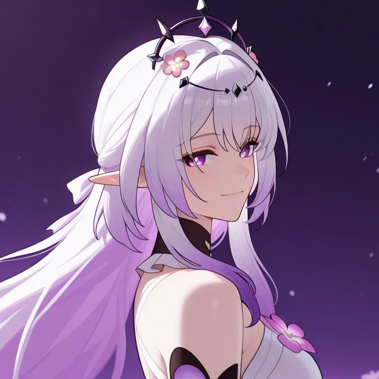 Castorice from Honkai Star Rail. Palid skinned adult woman slanted bright purple eyes, elf ears, bright white shoulder-lenght straight white hair and two tied back long hair violet locks, She uses a black crown with purple little gens decals, purple and wh...