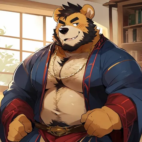 bear, furry, yellow fur, handsome, very muscular, very big, extremely hot and sexy, beard, hair, chest hair, charming eyes, solo, male, happy expression, daddy, full body, big body, red medieval clothes, middle aged, by hyaku, by darkgem, by glitter trap b...