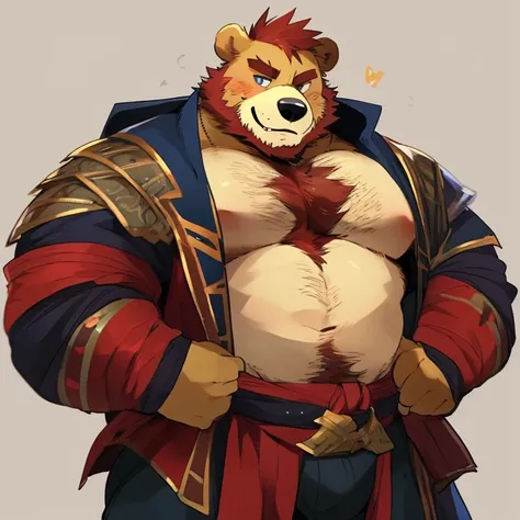 bear, furry, yellow fur, handsome, very muscular, very big, extremely hot and sexy, beard, hair, chest hair, charming eyes, solo, male, happy expression, daddy, full body, big body, red medieval clothes, middle aged, by hyaku, by darkgem, by glitter trap b...