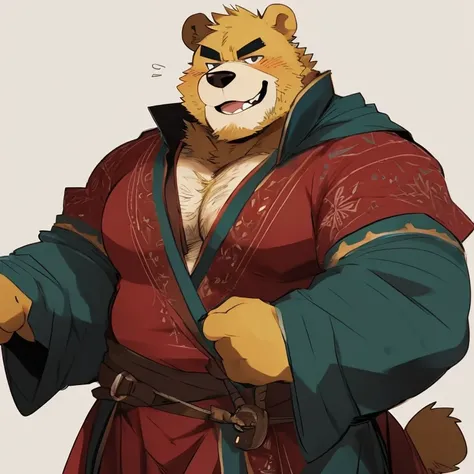 bear, furry, yellow fur, handsome, very muscular, very big, extremely hot and sexy, beard, hair, chest hair, charming eyes, solo, male, happy expression, daddy, full body, big body, red medieval clothes, middle aged, by hyaku, by darkgem, by glitter trap b...