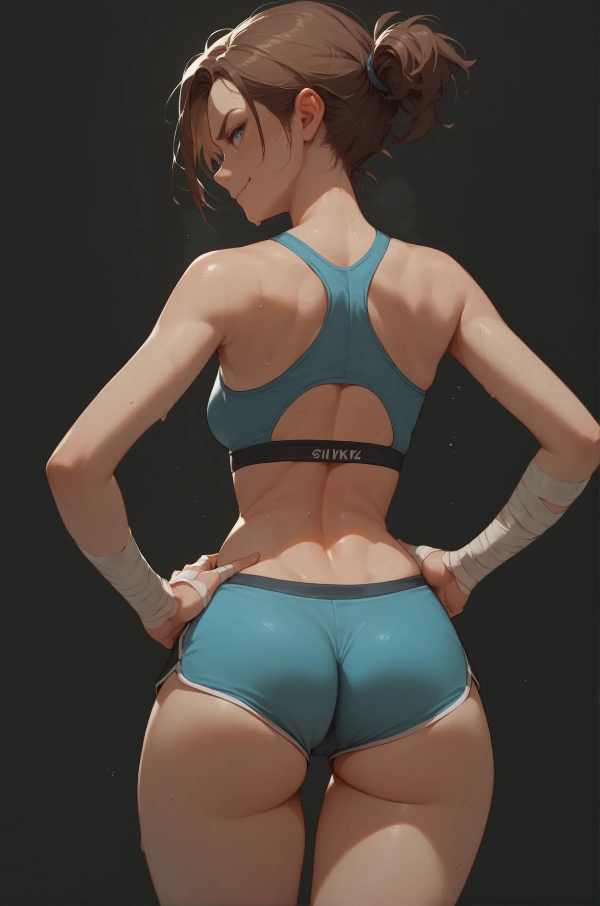 score_9, score_8_up, score_7_up, 1girl, solo, smirking, blue eyes, brown hair, sports bra, sports shorts, medium breast, bandage hands, hands on hips, wide hips, thighs, sweat, standing, (back view), black background