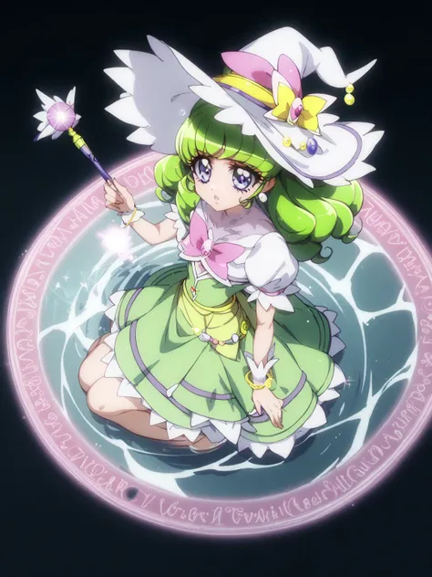 （((( Wizard Pretty Cure、Green Costume、 witch hat 、witch style 、 magic wand on water、 Magical World 、 green hair)))