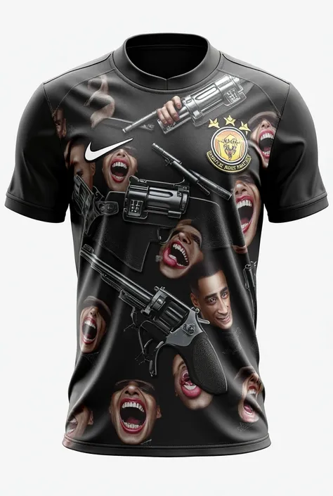 A soccer jersey with several revolvers and mouths laughing and kissing in 8 k