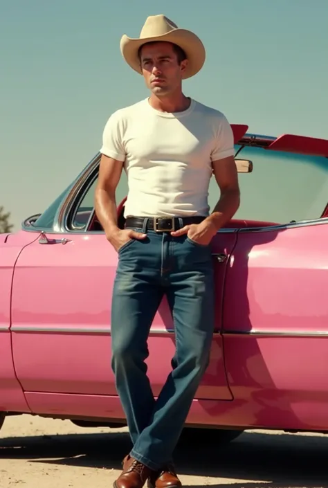 
 Side view,  standing pose,  American male ,  cigarette in mouth with smoke, Cadillac '62 convertible of color pink, lean on a car,  looking at  viewer, male is James Dean,  (golden all back hair,   beige cow boy hat, white T shirt half sleeve, blue denim...