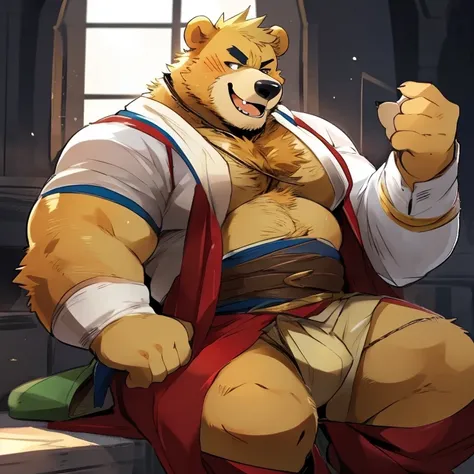 bear, furry, yellow fur, handsome, very muscular, very big, extremely hot and sexy, beard, hair, chest hair, charming eyes, solo, male, happy expression, daddy, full body, big body, red medieval clothes, middle aged, by hyaku, by darkgem, by glitter trap b...