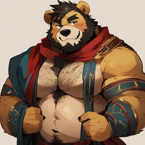 bear, furry, yellow fur, handsome, very muscular, very big, extremely hot and sexy, beard, hair, chest hair, charming eyes, solo, male, happy expression, daddy, full body, big body, red medieval clothes, middle aged, by hyaku, by darkgem, by glitter trap b...