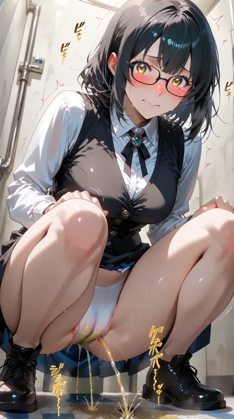 anime - style illustration of a woman in a black vest and pencilskirt, anime character, official character art, full body, female anime girl, (black hair:1.5), (tanned:0.5), (sweaty:1.2), glasses, in the restroom, (leaning forward squatting:1.5), looking a...